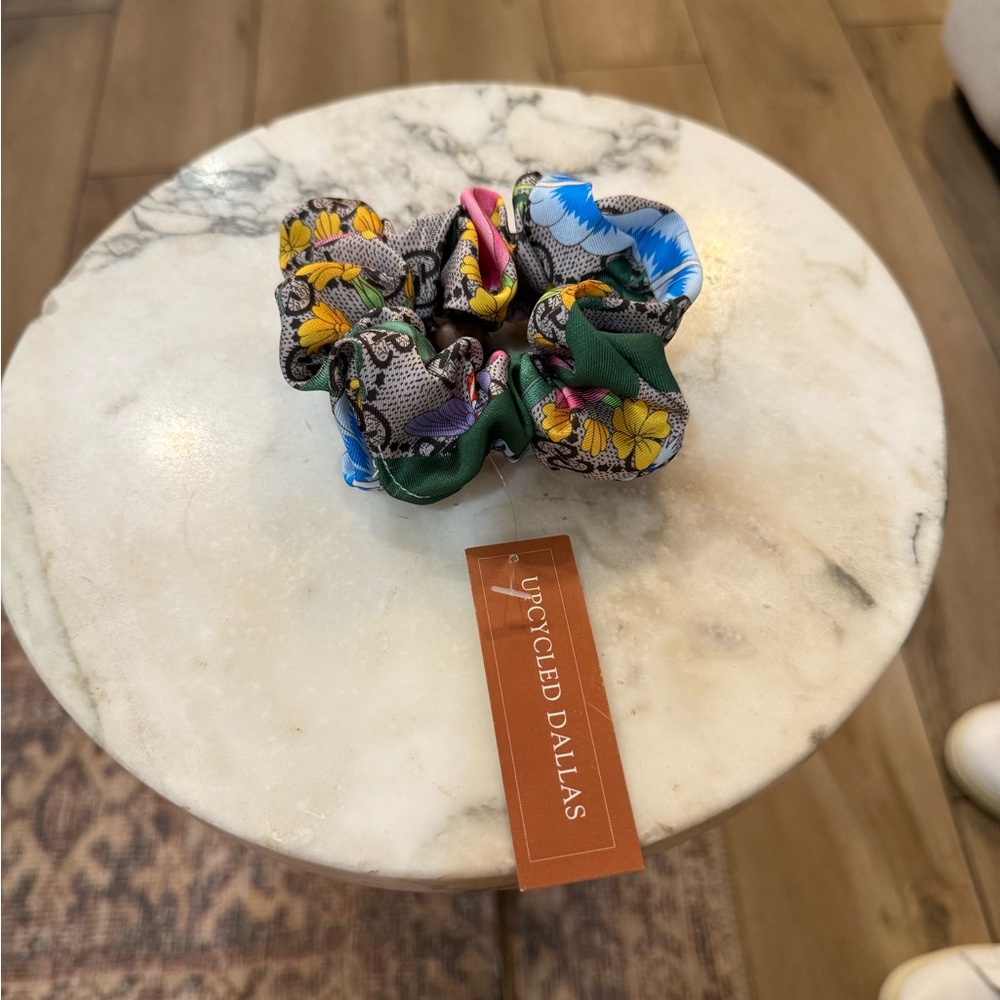 Designer Upcycled Floral Scrunchie with Green and Blue Accents